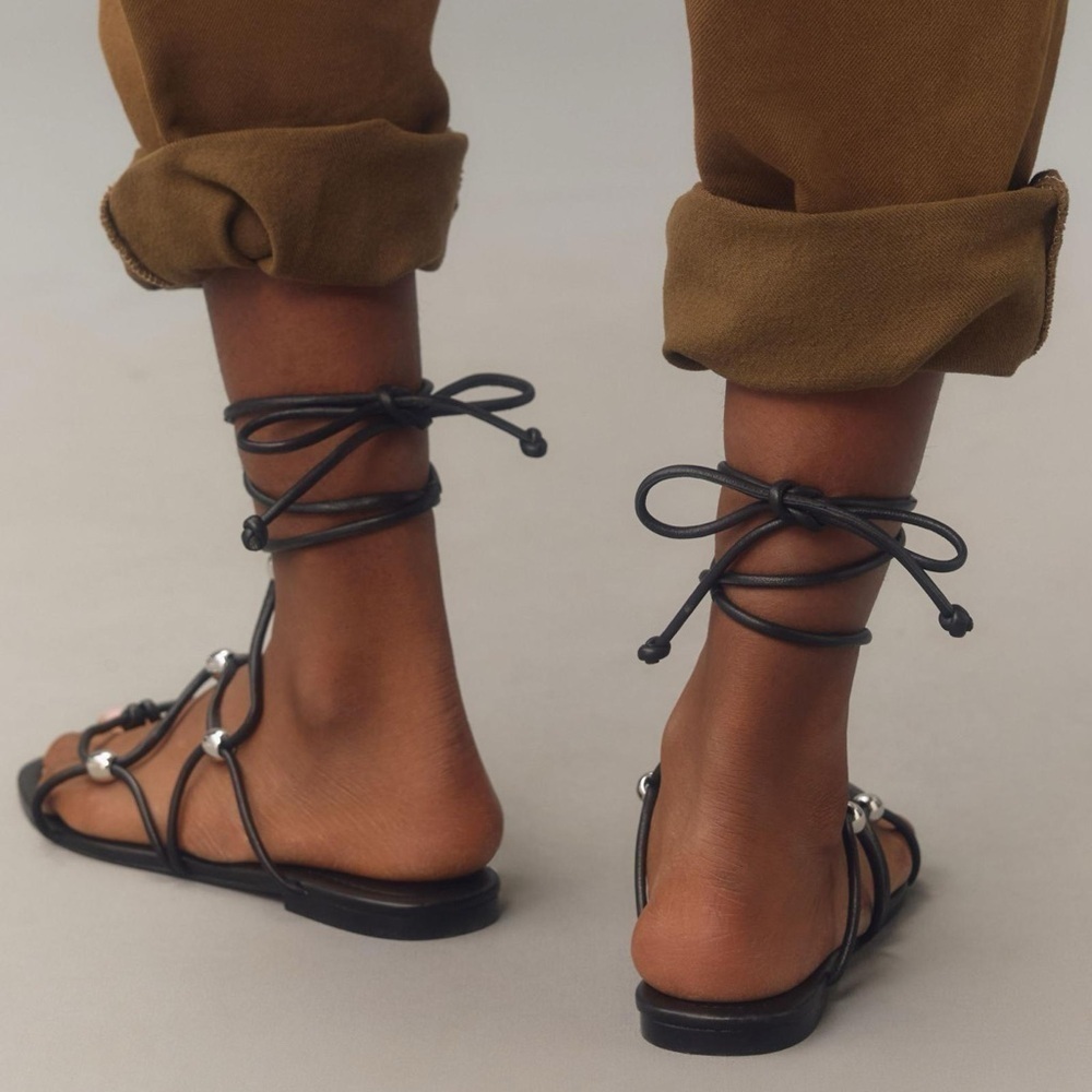 Anthropologie Leather Embellished Tie-Up Strappy Sandals Black + Box NWT - Picture 3 of 10